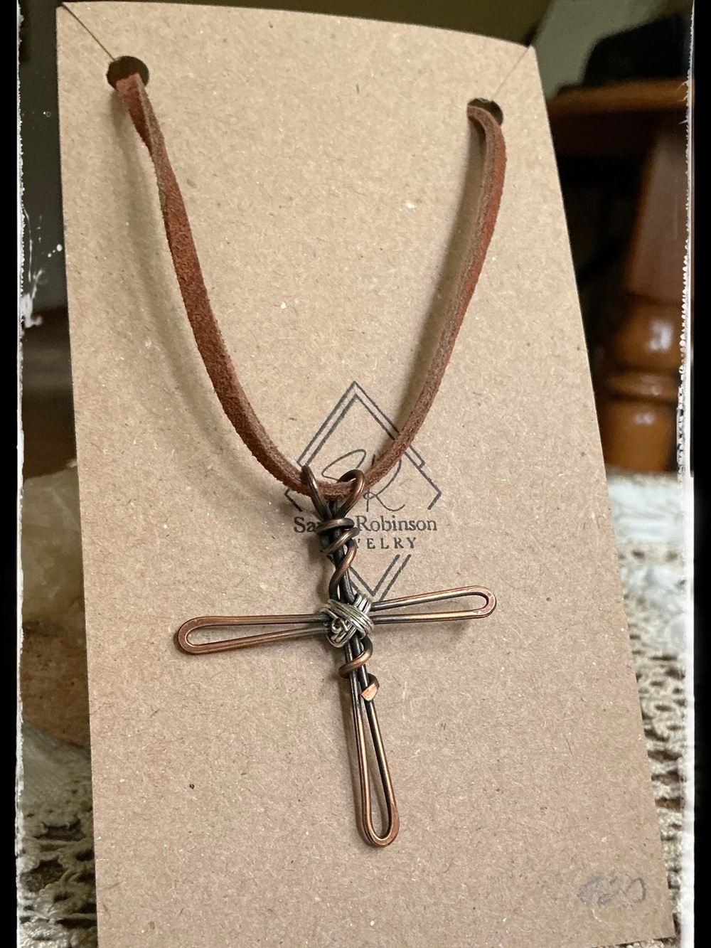 Handcrafted Wire Cross Pendant on Brown Suede Cord